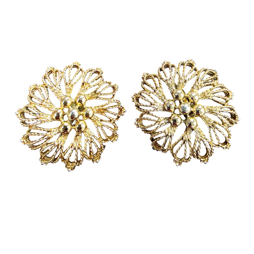 Vintage Emmons Gold Tone Floral Sunburst Clip On Statement Earrings 1.5 Inch